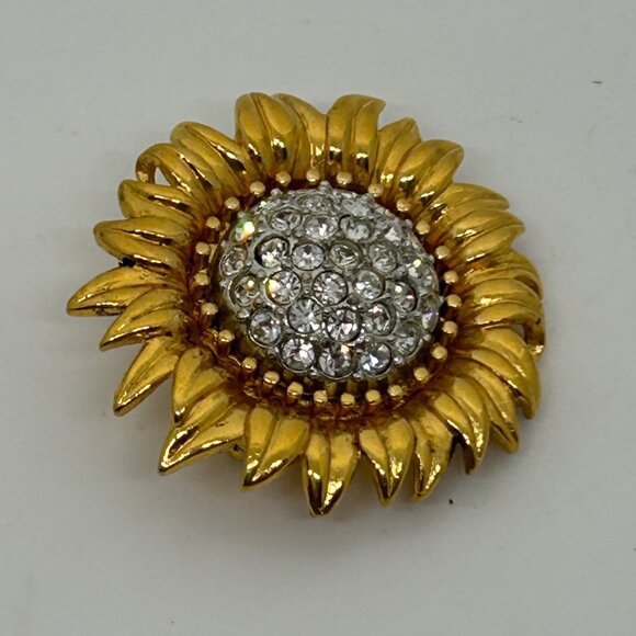 Joan Rivers Sunflower Brooch With Gold Tone Petals Rhinestone Center Vintage - Picture 3 of 16